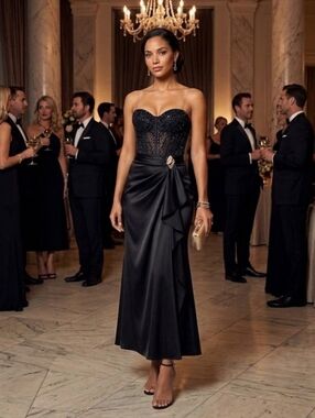 Satiny Black Rushed On Side Ruffle Faux Wrapped Satiny Maxi Skirt